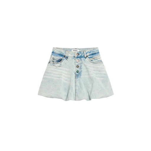 Jupe en denim de coton bleu clair Desigual pour femme, fermeture boutonnée sur le devant et ourlet évasé.