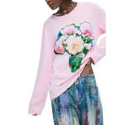 Desigual women cotton long pink round neck t shirt with long sleeves and vibrant floral bouquet print