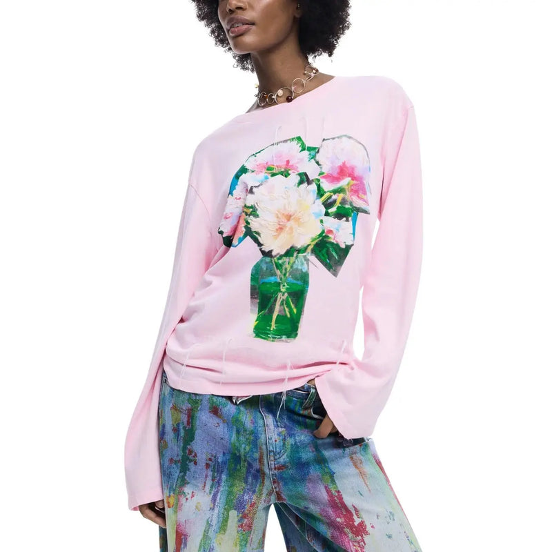 Desigual women cotton long pink round neck t shirt with a vibrant floral bouquet graphic on the front