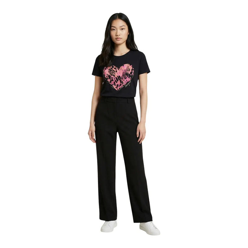 Black Desigual women cotton round neck t shirt with bold pink leopard print heart graphic on the chest
