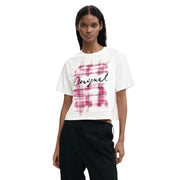White cropped cotton short sleeve t shirt with pink and black plaid desigual graphic design for women