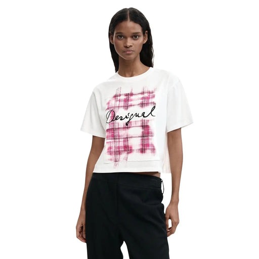 White cropped cotton short sleeve t shirt with pink and black plaid desigual graphic design for women
