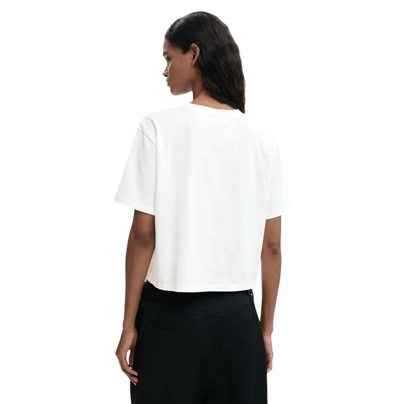 White cropped short sleeve cotton t shirt with round neck and relaxed fit for women by Desigual