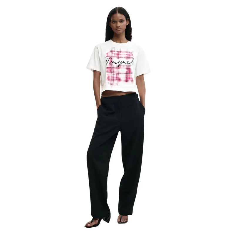 White cropped cotton t-shirt with pink plaid and black cursive Desigual logo for women short sleeve round neck