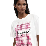 Desigual women cotton short sleeve white t shirt with pink and black plaid graphic and desigual cursive script