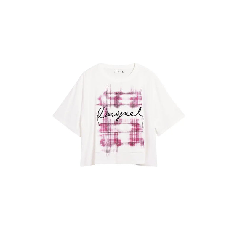 White oversized cotton t shirt with bold pink plaid graphic and desigual black cursive script on the chest