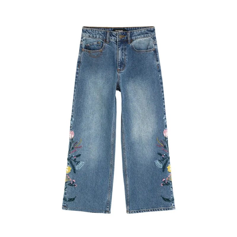 Jean Desigual pour femme en denim bleu coton orné de broderies florales colorées sur l'extérieur des jambes