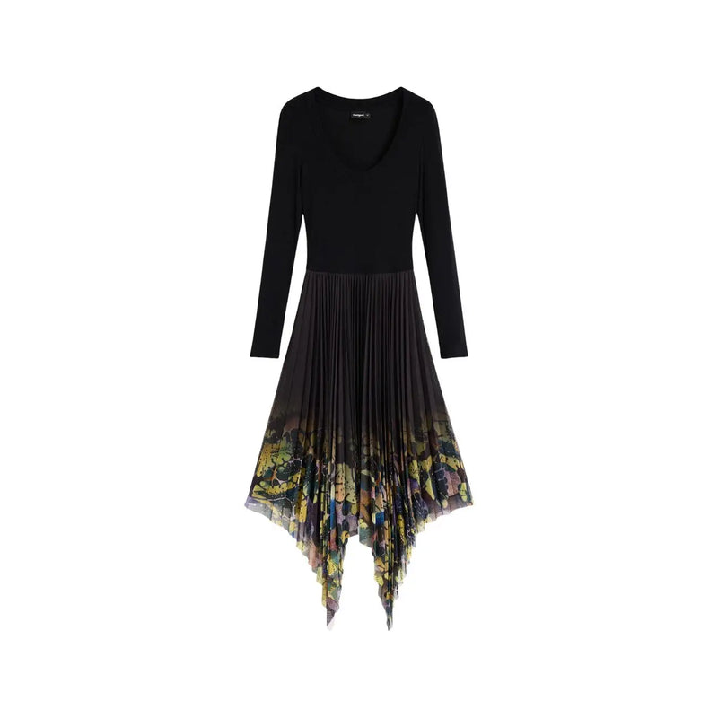 Black viscose long-sleeved womens dress by Desigual with solid bodice and pleated asymmetrical floral skirt in earth tones