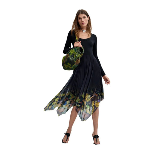 Robe Desigual pour femme, en viscose noire, col rond long, jupe asymétrique fluide et ourlet imprimé botanique vert et jaune