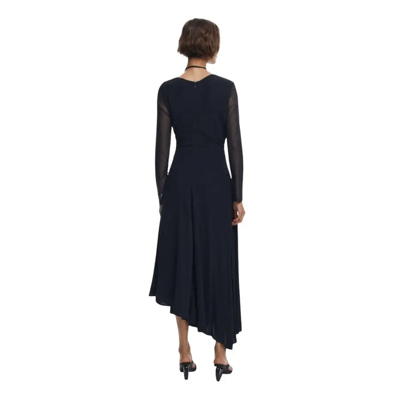 Women’s black long-sleeved midi dress with asymmetrical hem and V-neck for Fall Winter fashion