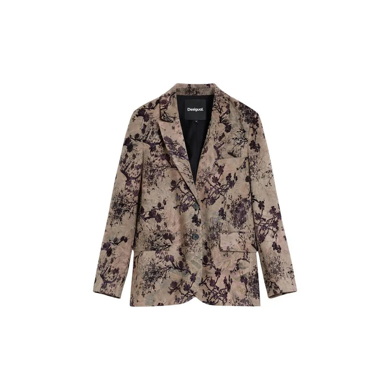 Desigual women floral beige polyester blazer with dark floral pattern and double-breasted design