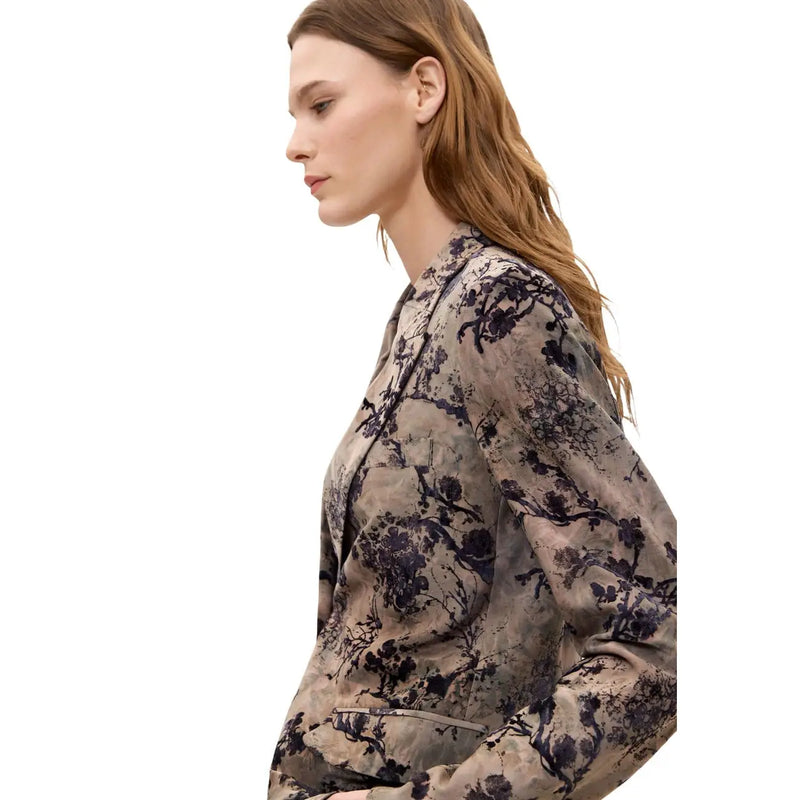 Taupe blazer with dark floral pattern and subtle sheen featuring structured shoulders made of polyester by desigual women