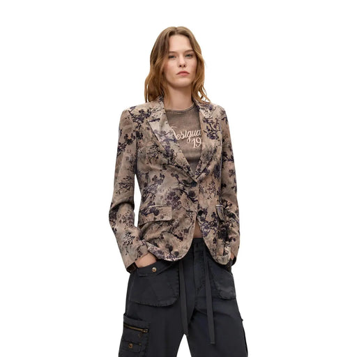 Blazer Desigual pour femme, en polyester beige à motif floral taupe et violet foncé, confectionné dans un tissu à la texture douce.