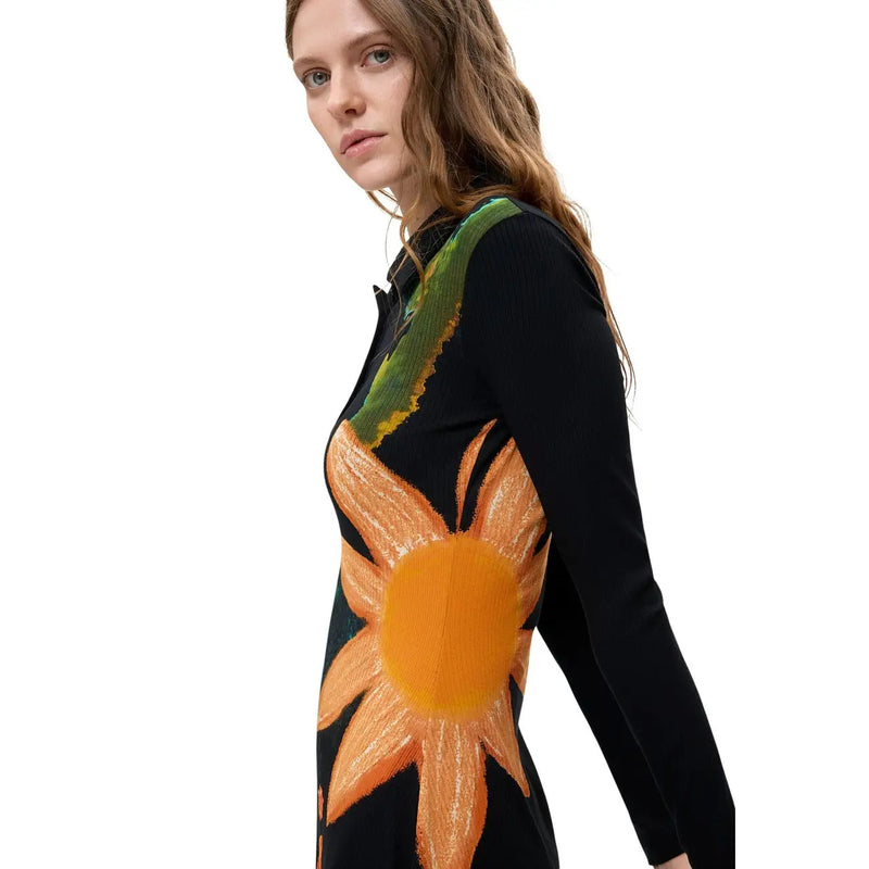 Desigual women floral dress in black viscose featuring long sleeves and a vibrant orange sunflower design