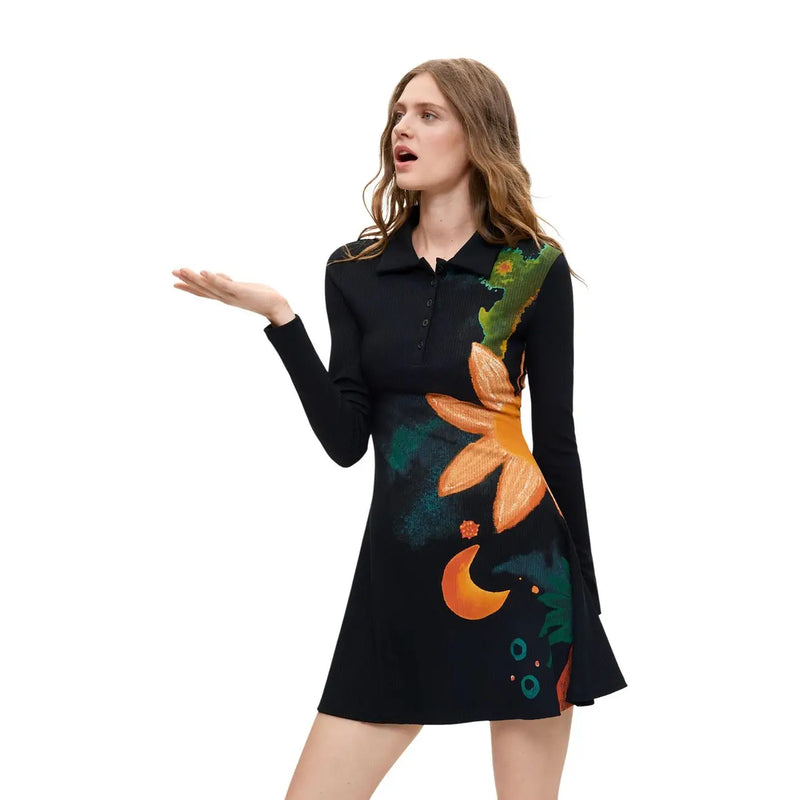 Black long-sleeved polo dress with vibrant orange and green floral moon print made of viscose by Desigual women