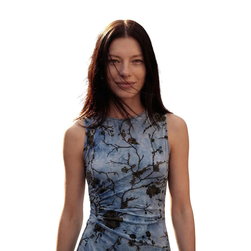 Desigual women floral sleeveless blue polyester dress with subtle tie-dye effect and dark floral branch patterns