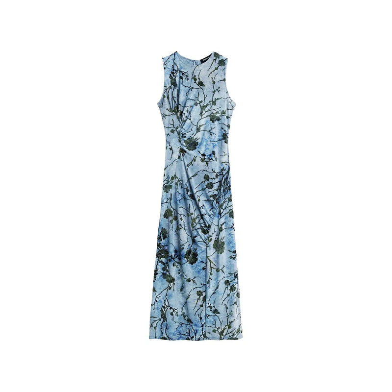 A sleeveless floor-length Desigual women floral dress in light blue and dark green polyester with subtle front ruching