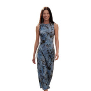 Desigual women floral midi dress in light blue velvet polyester with sleeveless high neck and delicate black pattern