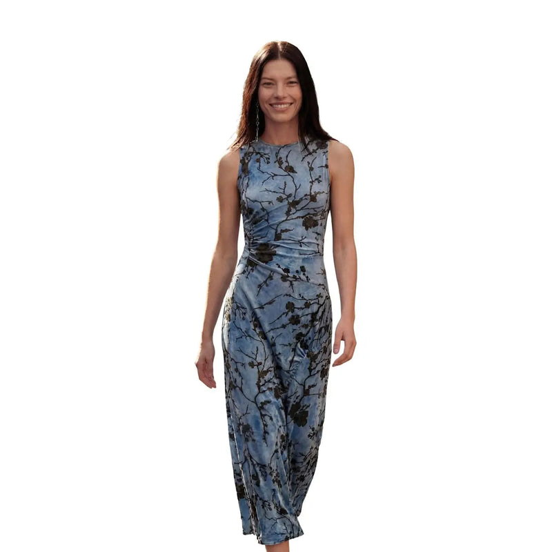 Desigual women floral midi dress in light blue velvet polyester with sleeveless high neck and delicate black pattern