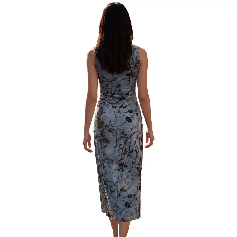 Desigual women floral sleeveless knee-length dress in soft gray polyester with black and gold elegant floral pattern