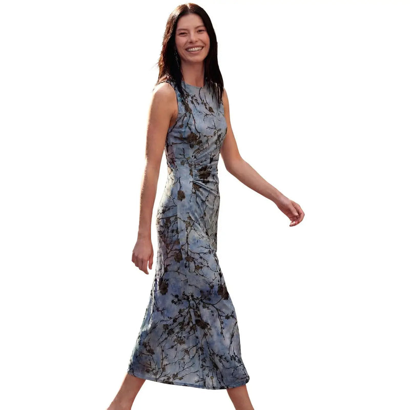Desigual women floral dress light blue polyester sleeveless floor-length with abstract botanical print and ruching at waist