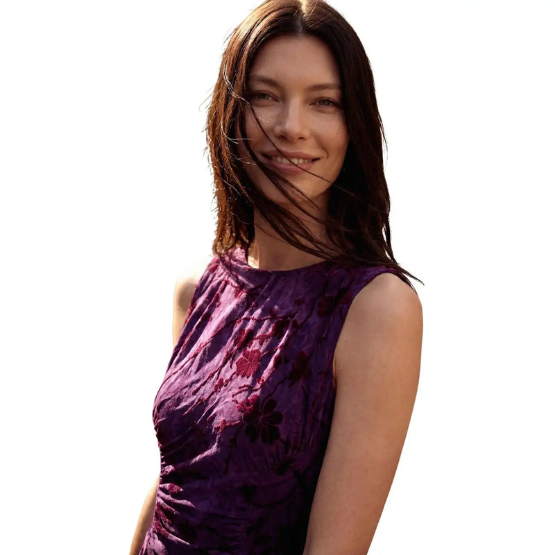 Desigual women floral dress purple polyester sleeveless with a ruched bodice and subtle floral pattern