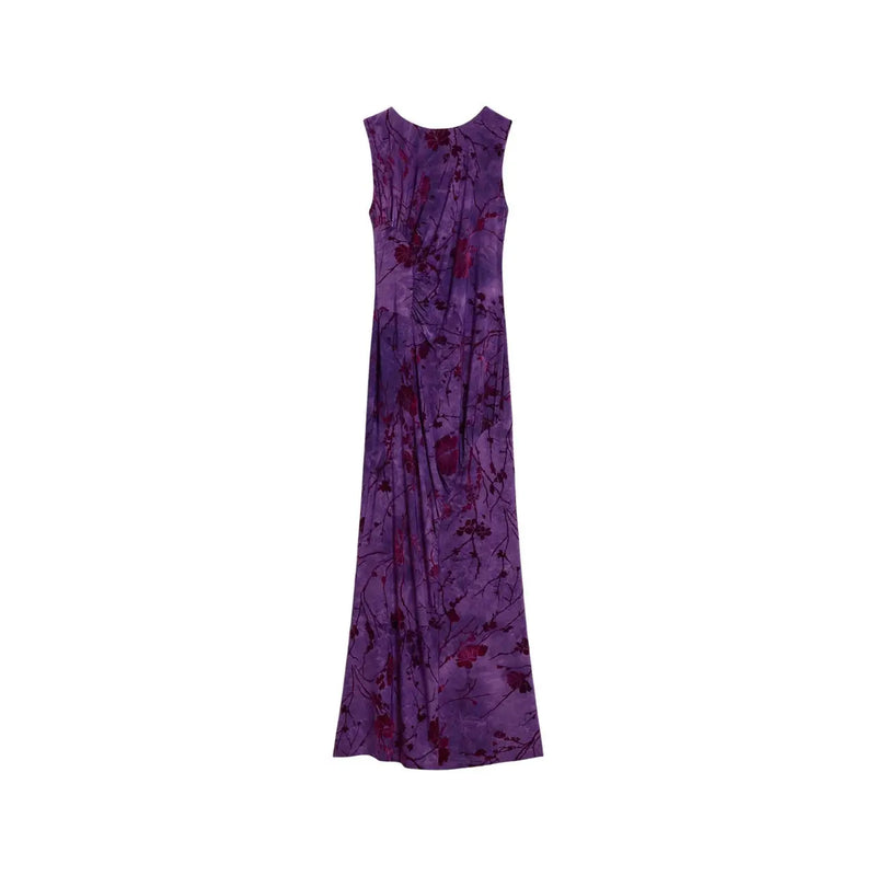 A sleeveless, floor-length polyester dress by Desigual in rich purple with deep red floral pattern and dark vines
