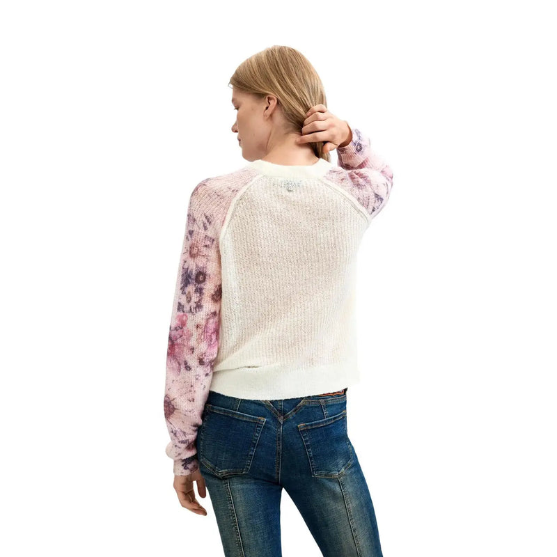 Pull Desigual pour femme en maille fleurie écru et rose, manches raglan et corps en maille texturée de laine mélangée.