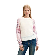 Pull Desigual pour femme en maille fleurie couleur crème avec manches fleuries roses et violettes, confectionné en laine mélangée blanche.