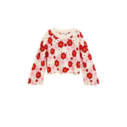 Pull court en maille crème à motif floral rouge et rose et bords festonnés, signé Desigual femme