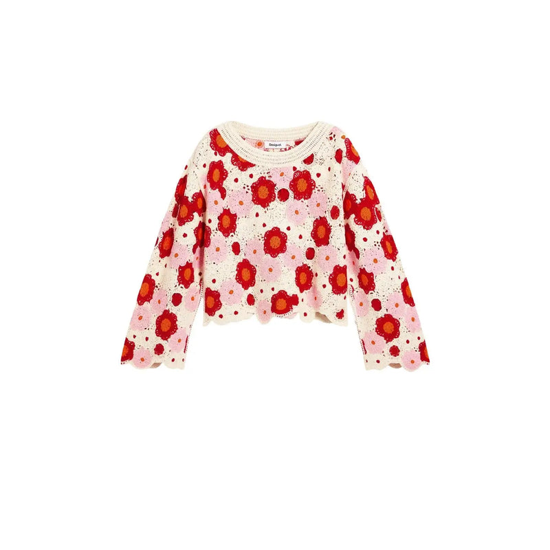 Pull court en maille crème à motif floral rouge et rose et bords festonnés, signé Desigual femme