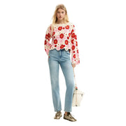 Desigual pull fleuri pour femme en maille beige en coton mélangé rose et rouge crochet top à manches festonnées