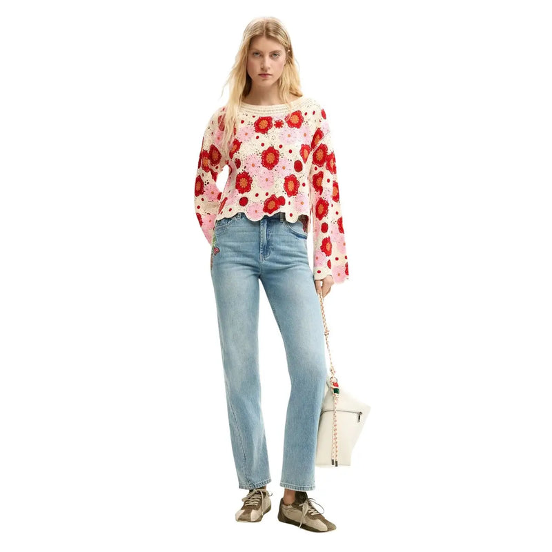 Desigual pull fleuri pour femme en maille beige en coton mélangé rose et rouge crochet top à manches festonnées