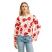 Pull Desigual pour femme, en maille florale beige mélangé coton crème, orné de motifs floraux rouges et roses à cœur orange.