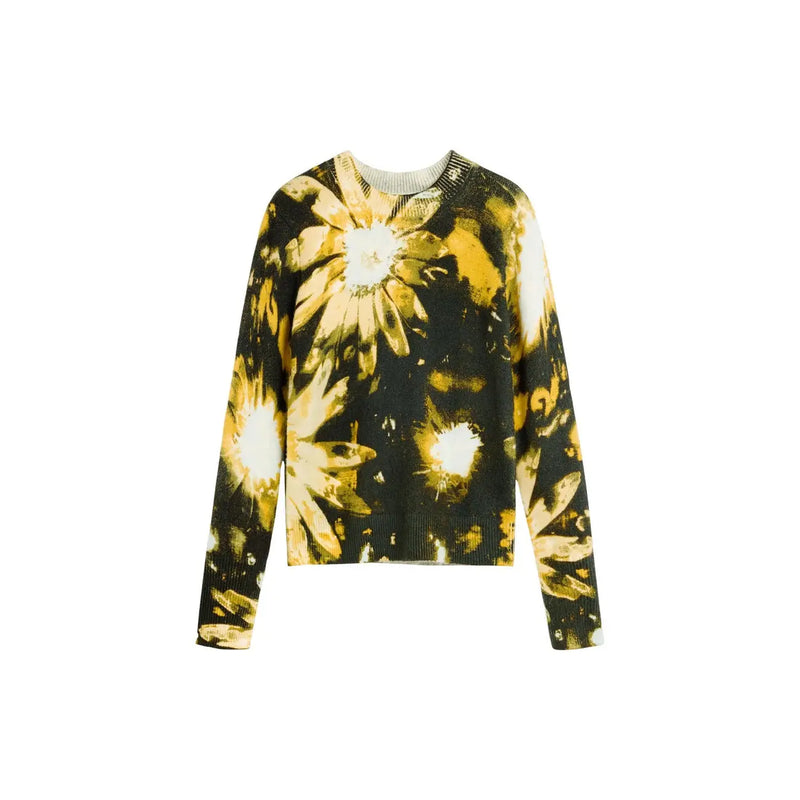 Pull Desigual pour femme en maille florale noire, mélange acrylique, imprimé floral noir et or, col rond