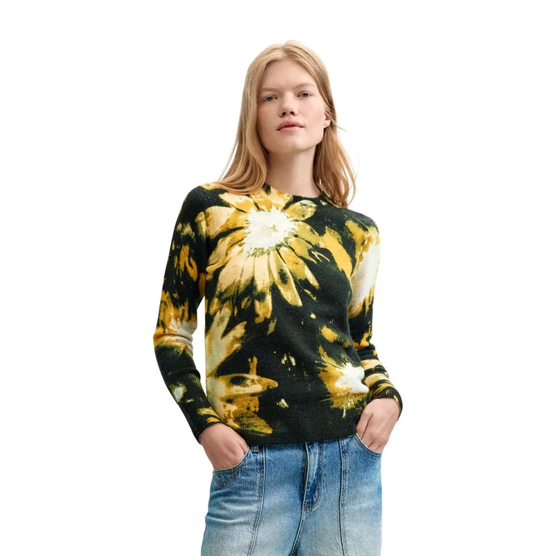 Pull Desigual pour femme en maille florale noire, mélange acrylique, avec un motif tie-dye noir et jaune et un tournesol audacieux.