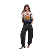 Desigual women floral knitwear cashmere cotton black long-sleeved sweatshirt with bold pink orange purple print