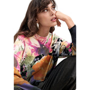 Desigual women floral knitwear cashmere cotton black sweatshirt with vibrant pink orange green floral print