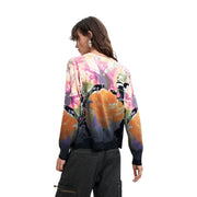 A vibrant long-sleeved Desigual women floral knitwear sweater in cashmere cotton with pink orange purple black pattern