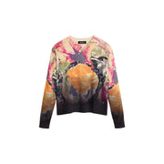 Pull Desigual pour femme en maille cachemire et coton à motif floral abstrait rose, orange et noir éclatant.