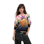 Desigual women floral knitwear cashmere cotton black long-sleeved sweatshirt with vibrant pink orange purple print