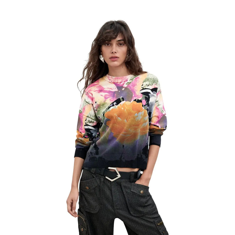 Desigual women floral knitwear cashmere cotton black long-sleeved sweatshirt with vibrant pink orange purple print