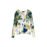 Desigual women floral knitwear white viscose blouse with long sleeves v neck watercolor floral pattern in blue green yellow