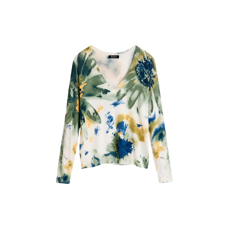 Desigual women floral knitwear white viscose blouse with long sleeves v neck watercolor floral pattern in blue green yellow