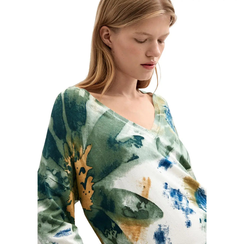 Desigual women floral knitwear white viscose blouse with flowing long sleeves and watercolor green blue ochre print