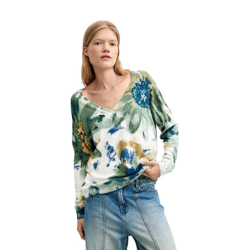 Pull Desigual pour femme, en maille florale à manches longues et col en V, orné d'un motif floral aquarelle dans des tons de vert, bleu et or.