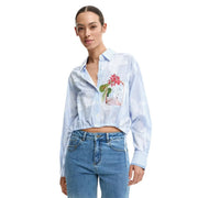 Desigual women floral long cotton shirt light blue striped button-up with floral embroidery patch on the chest