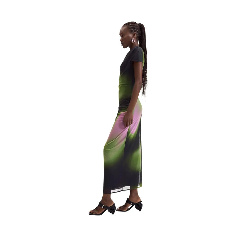 Desigual women green dress slim fit polyester elastane with flowing gradient dyed maxi design in green and pink shades
