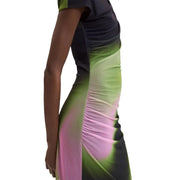 A Desigual women green dress slim fit in polyester elastane with a gradient from dark navy to green and pink sides