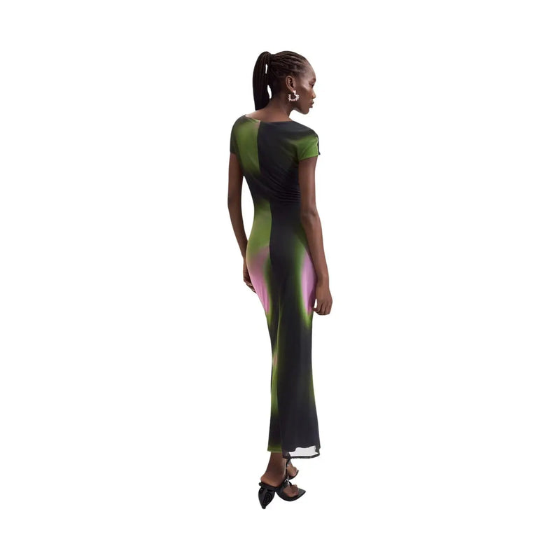 Desigual women green dress slim fit midi dress with gradient green black and purple hues polyester elastane